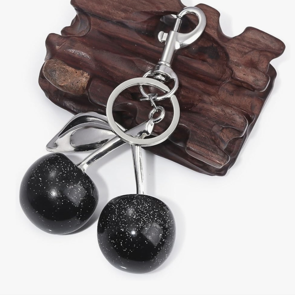 Glitter Cherries Large Black Silver Bag Charm Keychain Ring Pendant - Picture 3 of 6
